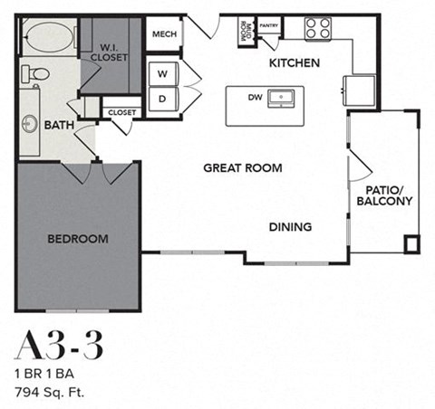 Floor plan for 1 bed, 1 bath, 794 sqft