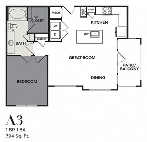 Floor plan for 1 bed, 1 bath, 794 sqft