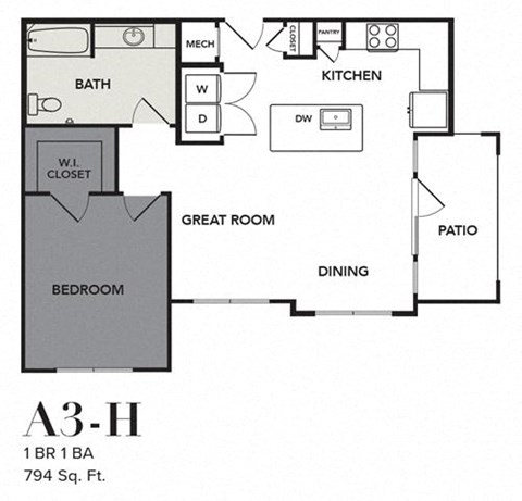 Floor plan for 1 bed, 1 bath, 794 sqft