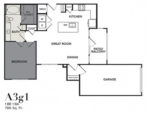 Floor plan for 1 bed, 1 bath, 786 sqft