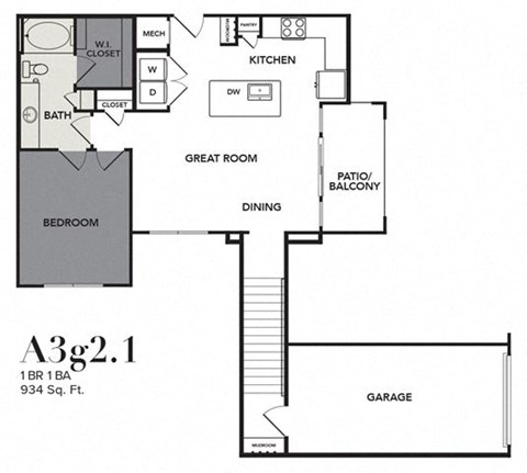 Floor plan for 1 bed, 1 bath, 934 sqft