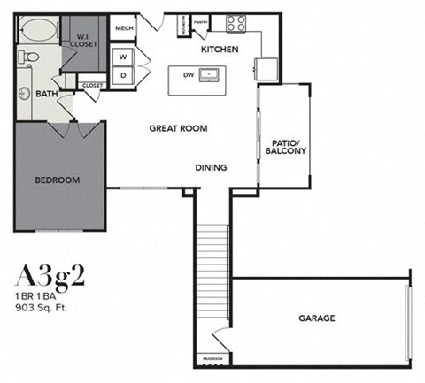 Floor plan for 1 bed, 1 bath, 903 sqft