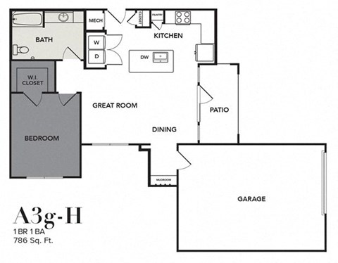 Floor plan for 1 bed, 1 bath, 786 sqft