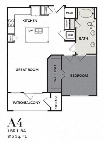 Floor plan for 1 bed, 1 bath, 815 sqft