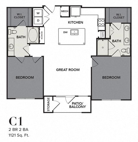 Floor plan for 2 beds, 2 baths, 1121 sqft