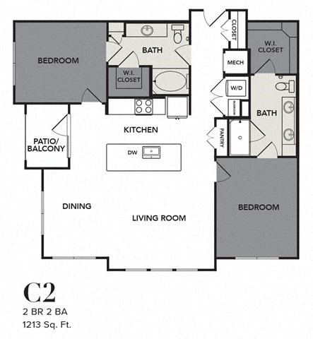 Floor plan for 2 beds, 2 baths, 1213 sqft