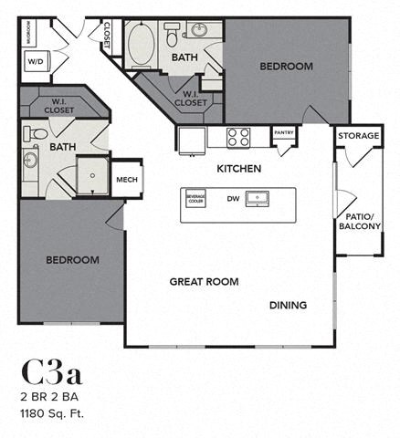 Floor plan for 2 beds, 2 baths, 1180 sqft