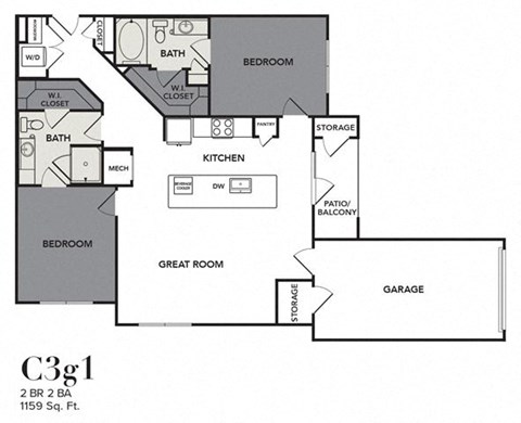 Floor plan for 2 beds, 2 baths, 1159 sqft