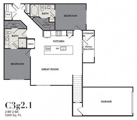 Floor plan for 2 beds, 2 baths, 1269 sqft