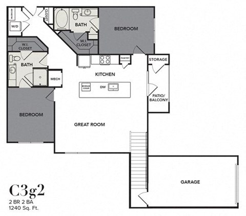 Floor plan for 2 beds, 2 baths, 1240 sqft