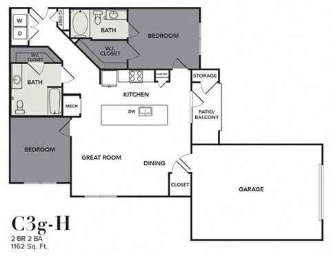 Floor plan for 2 beds, 2 baths, 1162 sqft