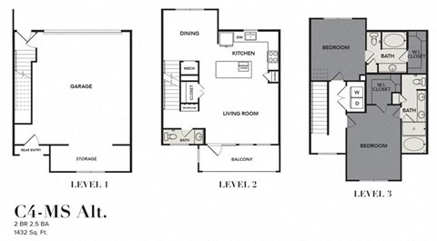 Floor plan for 2 beds, 2.5 baths, 1432 sqft