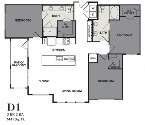 Floor plan for 3 beds, 2 baths, 1441 sqft