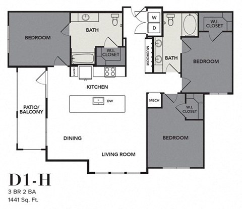 Floor plan for 3 beds, 2 baths, 1441 sqft