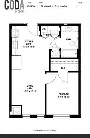 Floor plan for 1 bed, 1 bath, 607 sqft