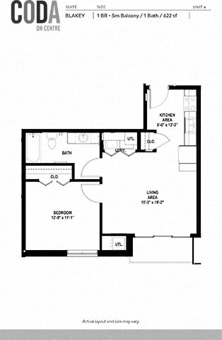Floor plan for 1 bed, 1 bath, 607 sqft
