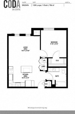 Floor plan for 1 bed, 1 bath, 706 sqft
