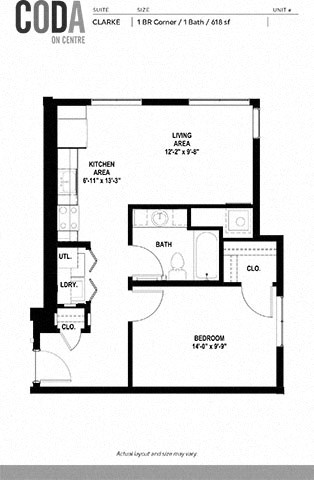 Floor plan for 1 bed, 1 bath, 618 sqft