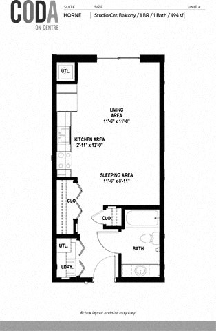 Floor plan for studio, 1 bath, 494 sqft