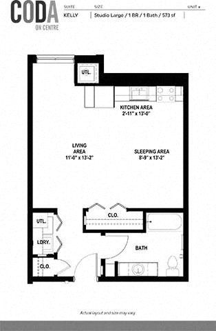 Floor plan for studio, 1 bath, 573 sqft