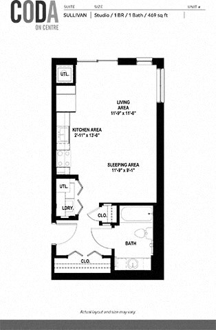 Floor plan for studio, 1 bath, 469 sqft