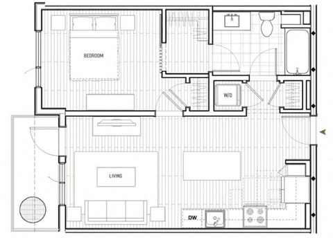Floor plan for 1 bed, 1 bath, 672 sqft