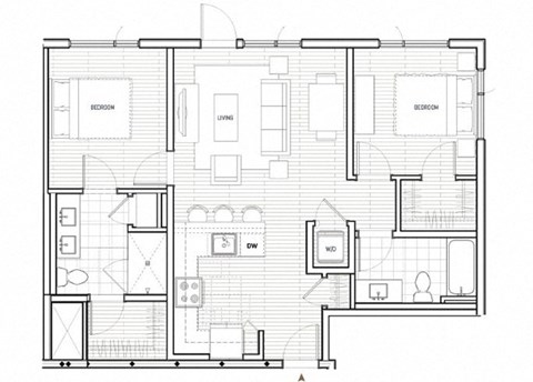 Floor plan for 2 beds, 2 baths, 972 sqft