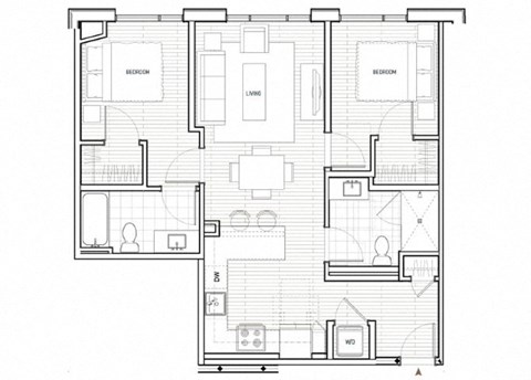 Floor plan for 2 beds, 2 baths, 991 sqft