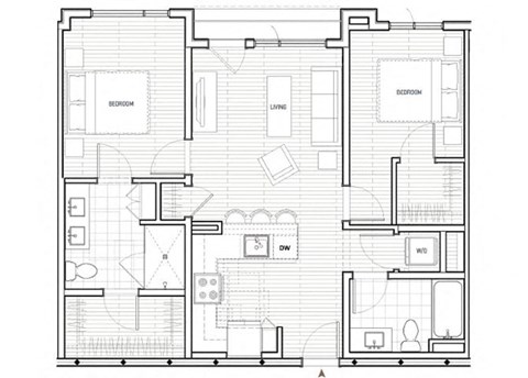 Floor plan for 2 beds, 2 baths, 954 sqft