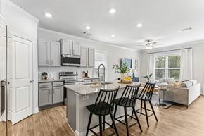 Flowery Branch townhouse for rent - a kitchen and living room with an island and bar stools