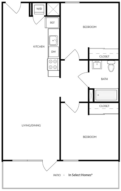 Floor plan for 2 beds, 1 bath, 834 sqft