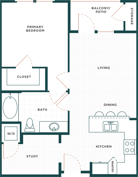 Floor plan for 1 bed, 1 bath, 737 sqft