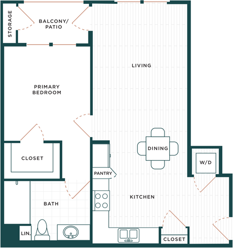 Floor plan for 1 bed, 1 bath, 809 sqft