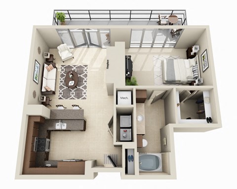 Floor plan for 1 bed, 1 bath, 876 sqft