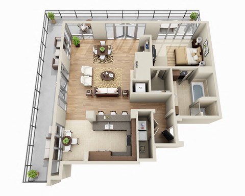 Floor plan for 1 bed, 1 bath, 1250 sqft