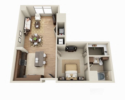 Floor plan for 1 bed, 1 bath, 886 sqft