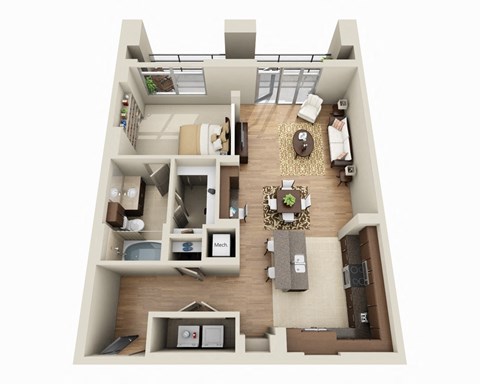 Floor plan for 1 bed, 1 bath, 938 sqft