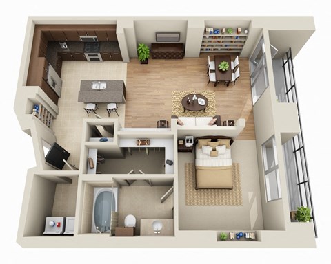 Floor plan for 1 bed, 1 bath, 986 sqft