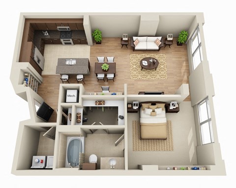 Floor plan for 1 bed, 1 bath, 922 sqft