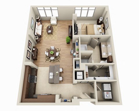 Floor plan for 1 bed, 1 bath, 1029 sqft