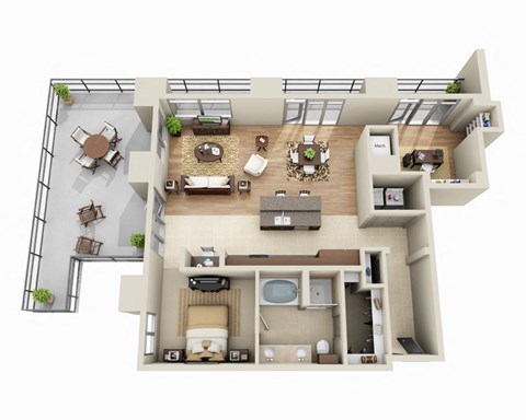 Floor plan for 1 bed, 1 bath, 1243 sqft