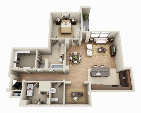 Floor plan for 1 bed, 1.5 baths, 1269 sqft