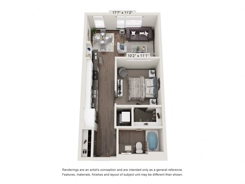 Floor plan for 1 bed, 1 bath, 621 sqft