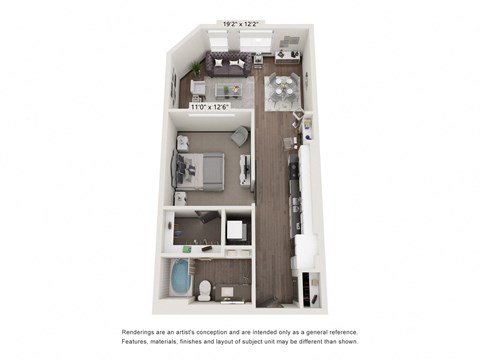 Floor plan for 1 bed, 1 bath, 760 sqft
