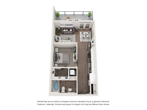 Floor plan for 1 bed, 1 bath, 685 sqft