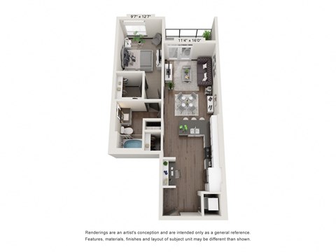 Floor plan for 1 bed, 1 bath, 742 sqft