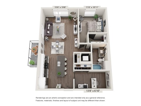 Floor plan for 1 bed, 1 bath, 975 sqft