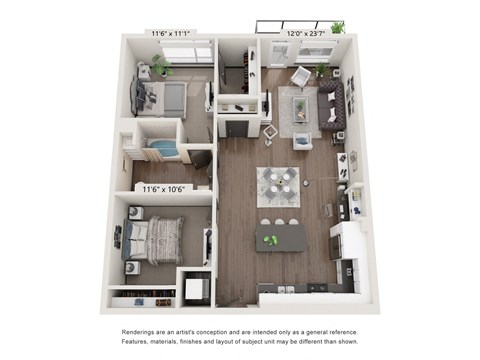 Floor plan for 2 beds, 1 bath, 1035 sqft