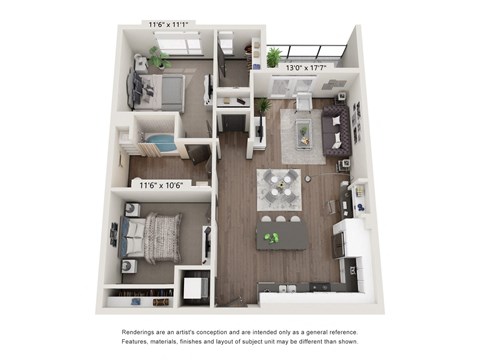 Floor plan for 2 beds, 1 bath, 965 sqft