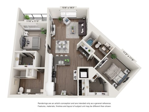 Floor plan for 2 beds, 2 baths, 1196 sqft